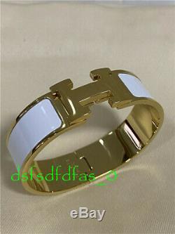 100% Authentic Hermes Clic Clac H PM Wide Bangle Bracelet White Enamel Gold
