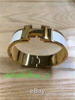 100% Authentic Hermes Clic Clac H PM Wide Bangle Bracelet White Enamel Gold