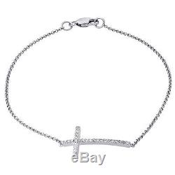 10K White Gold Ladies White Diamond Sideways Cross Charm on Bracelet 0.17 Ct