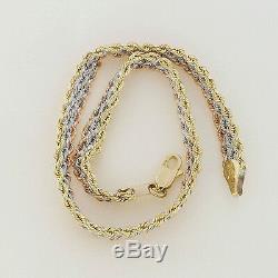 10k Yellow, White and Rose Gold Tri-Color Three Row Rope Chain Bracelet, 7.5