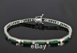14K White Gold 2.30ct Green Colombian Square Emerald Round Diamond Bracelet 7.5