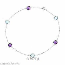 14K White Gold Anklet Bracelet With Blue Topaz And Amethyst Gemstones 9 Inches