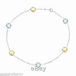 14K White Gold Anklet Bracelet With Blue and Lemon Topaz Gemstones 9 Inches