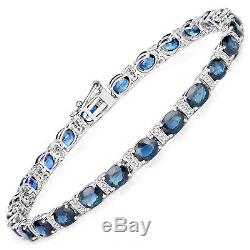 14K White Gold Bracelet 9.90 ct Blue Sapphire Diamond Oval Gemstone 7.00 inches