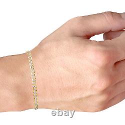 14K Yellow Gold Solid 5mm White Diamond Cut Pave Cuban Curb Chain Bracelet 7.5