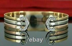 14K Yellow White Rose Tri Color Gold On S925 1ct Simulated Diamond Cuff Bracelet