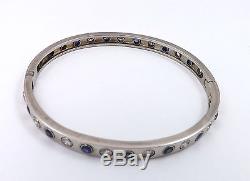 14k White Gold 3.2ctw Sapphire Diamond Burnish Set Bangle Bracelet 22.8gr NICE