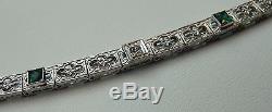 14k White Gold Art Deco Diamond Emerald Bracelet