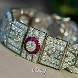 14k White Gold Over Baguette Ruby & Round Cut Diamond 7.25 Art Deco Bracelet