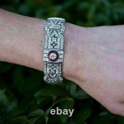 14k White Gold Over Baguette Ruby & Round Cut Diamond 7.25 Art Deco Bracelet