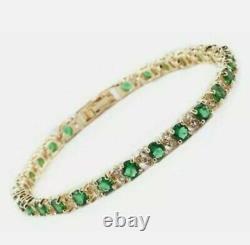 14k White Gold Plated 9.00 CT Round Cut Green Emerald & Diamond Tennis Bracelet