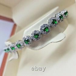 14k White gold finish Green Lab created diamonds tennis halo bracelet round cut