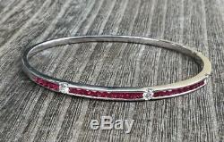 18K White Gold Channel Set Ruby Diamond Bangle Hinged Bracelet 13.5g
