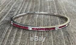 18K White Gold Channel Set Ruby Diamond Bangle Hinged Bracelet 13.5g