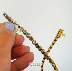 18K Yellow Gold Diamond Emerald Sapphire Ruby Mid-Century Tennis Bracelet 7.25