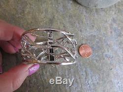 18 KT White Gold Pave Diamond Bangle Bracelet Leaves Filigree Design Estate Cuff