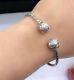 18k Solid White Gold Italian Shiny Two Ball Oval Bangle 2.25Inches. 7.70 Grams