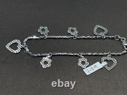 18k White Gold Diamond Cut Dangling Heart Flower Charm Bracelet 7 Inches