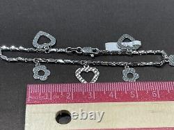 18k White Gold Diamond Cut Dangling Heart Flower Charm Bracelet 7 Inches