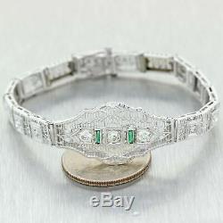 1930's Antique Art Deco 14K White Gold Diamond & Emerald Filigree Bracelet