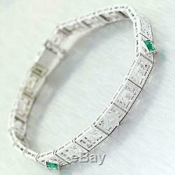 1930's Antique Art Deco 14K White Gold Emerald & Diamond Filigree Bracelet