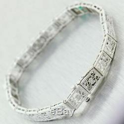 1930's Antique Art Deco 14K White Gold Emerald & Diamond Filigree Bracelet