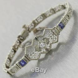 1930's Antique Art Deco 14k White Gold Filigree Sapphire & Diamond Bracelet