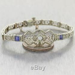 1930's Antique Art Deco 14k White Gold Filigree Sapphire & Diamond Bracelet