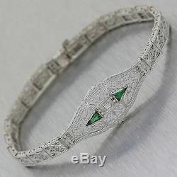 1930s Antique Art Deco 14K White Gold Diamond Trillion Emerald Filigree Bracelet