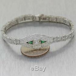 1930s Antique Art Deco 14K White Gold Diamond Trillion Emerald Filigree Bracelet