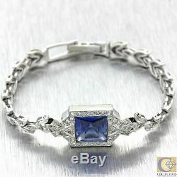 1930s Antique Art Deco 14k Solid White Gold Blue Stone 1.00ct Diamond Bracelet