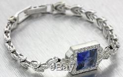 1930s Antique Art Deco 14k Solid White Gold Blue Stone 1.00ct Diamond Bracelet