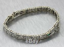 1930s Antique Art Deco 14k Solid White Gold Emerald Diamond Filigree Bracelet