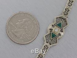 1930s Antique Art Deco Estate 14k White Gold. 25ctw Diamond Emerald Bracelet E8