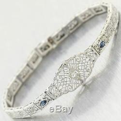 1930s Art Deco 14k White Gold Marquise Diamond & Sapphire Filigree Bracelet