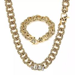 24ct Gold Layered Patterned Mens Curb Cuban link Bracelet And Chain Set Gift 24k