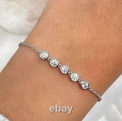 2Ct Round Cut Real Moissanite 5-Stone Chain Bracelet 14K White Gold Plated