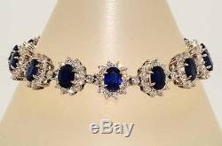 $45,000 24.12Ct Ceylon Blue Sapphire & Diamond Flower Bracelet 18K White Gold VS