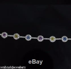 $4,500 18K White Gold Pink Yellow Blue Color Sapphire Diamond Halo 7'' Bracelet