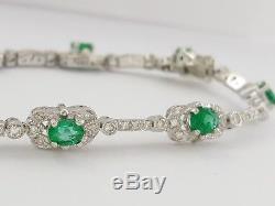 4 ct 14K White Gold Emerald & Round Brilliant Cut Diamond Tennis Bracelet 7