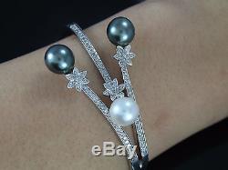 $6,575 18K White Gold Diamond Tahitian South Sea Pearl Flower Bangle Bracelet