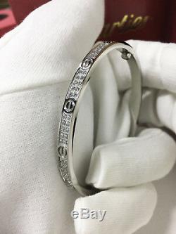 750-18K-White-Gold-fully-diamonds-Cartier-Love-Bracelet-Women-Bangle-Size-17-5mm
