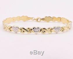 7.25 Diamond Cut Hearts and Kisses Stampato Bracelet Real 10K Yellow White Gold