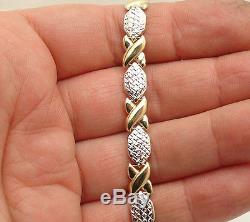 8 Diamond Cut Hugs and Kisses Stampato Bracelet Real 10K Yellow White Gold