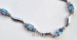 9ct White Gold Hallmarked Fancy Link Bracelet With Blue Topaz & Diamond 3g