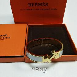 AUTHENTIC HERMES 18K Gold Enamel Bracelet Classic Clic Clac H Bangle White PM