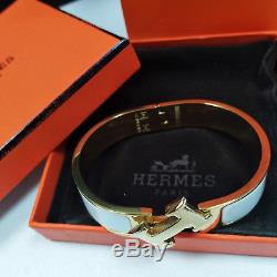 AUTHENTIC HERMES Enamel Bracelet 18K Yellow Gold Clic Clac H Bangle White PM