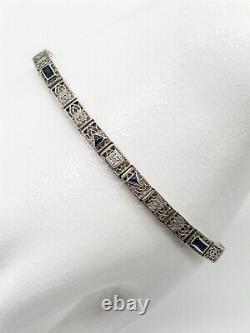 Antique 1920 1ct Trillion Blue Sapphire Diamond 10k White Gold Filigree Bracelet