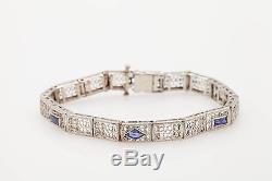 Antique 1920s 1.50ct Fancy Cut Blue Sapphire 10k White Gold Filigree Bracelet