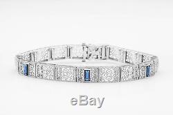 Antique 1920s 1ct Emerald Cut Blue Sapphire 14k White Gold Filigree Bracelet